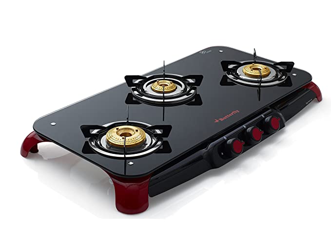 Butterfly Signature Glass Top 3 Burner Gas Stove, Manual Ignition, Black/Red Butterfly Signature Glass Top 3 Burner Gas Stove, Manual Ignition, Black/Red